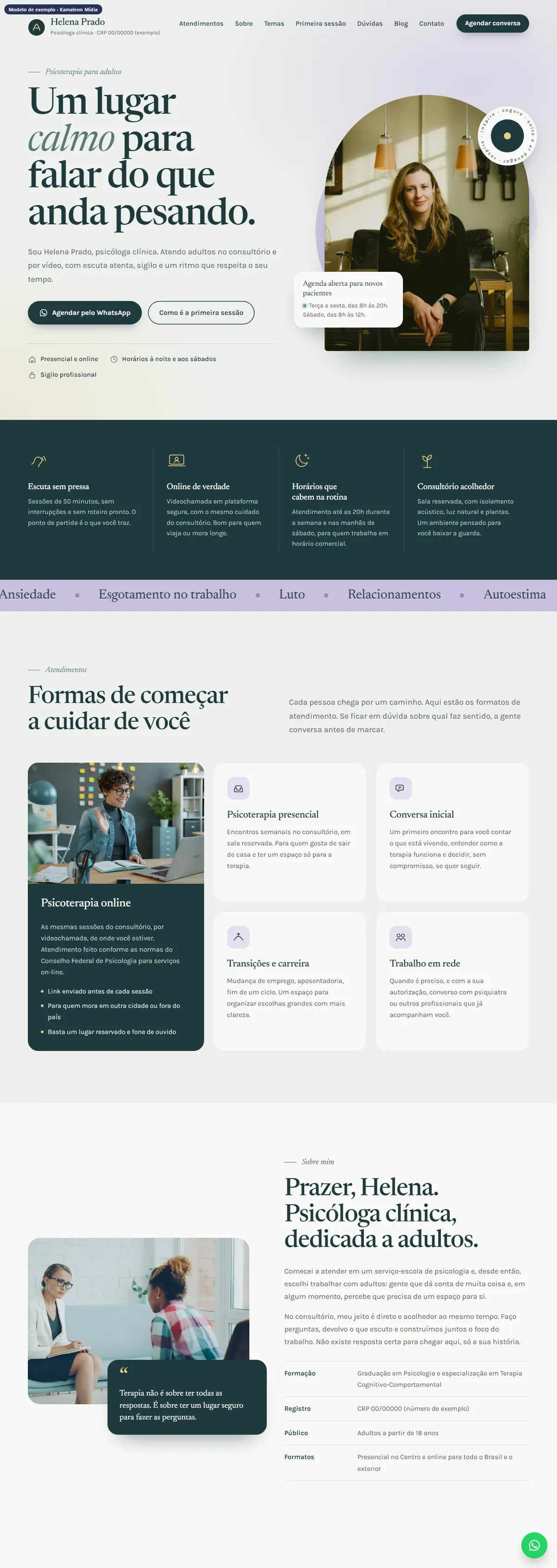 Modelo de site para psicóloga: acolhimento, abordagem e primeiro contato.